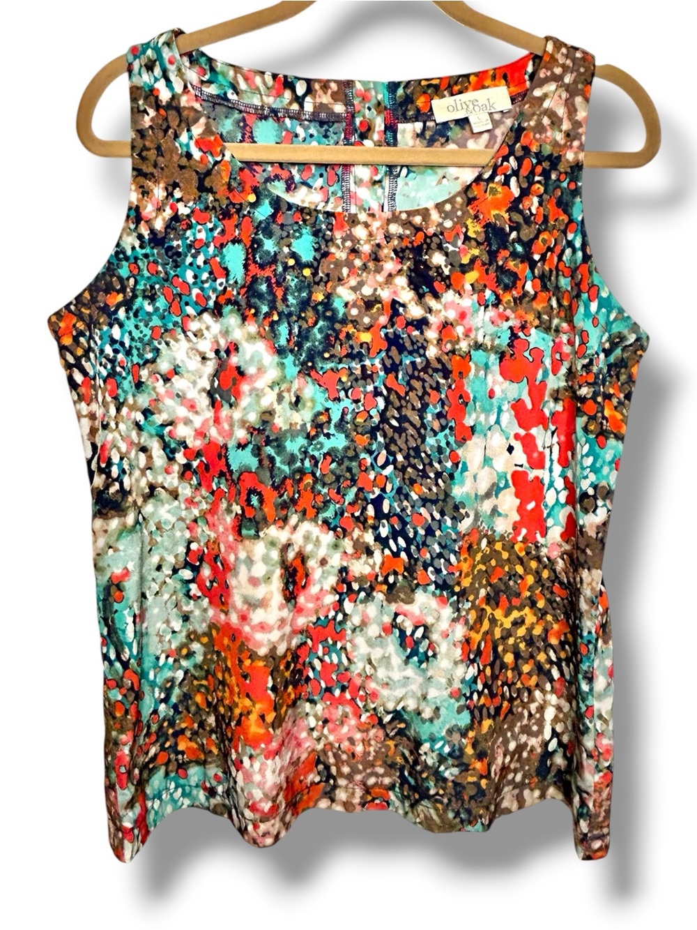 Olive & Oak Sleeveless Blouse Abstract Multi Color Print Button Split Back Top L
